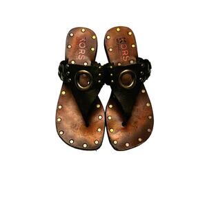 Kors Michael Kors Leather Thong Sandal Brass Accents Size 5